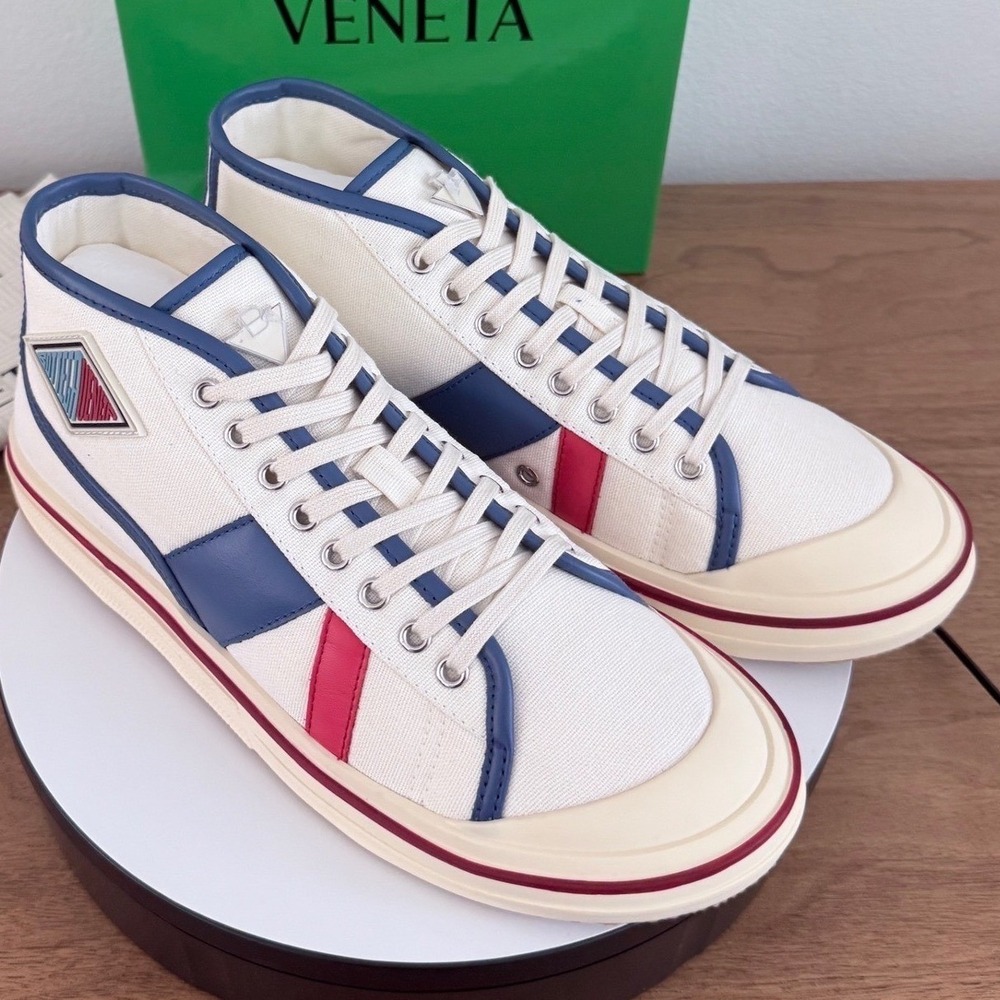 Bottega Veneta Mens Canvas High Top Sneakers White Blue Red 827556 43 US 10